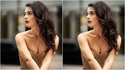 Radhika looked like a real-life mermaid in the off-shoulder corset golden gown featuring embellishments in golden threads and tulle details at the ankles. (Instagram/@radhikamadan)