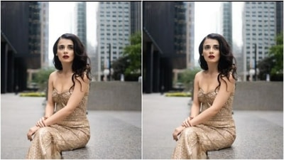 Radhika looked every bit stunning in nude eyeshadow, black eyeliner, black kohl, mascara-laden eyelashes, drawn eyebrows, contoured cheeks and a shade of bright red lipstick. (Instagram/@radhikamadan)