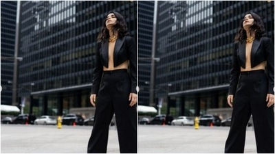 Radhika gave a twist to formal fashion as she went shirtless in a cropped black blazer and a pair of black formal trousers. (Instagram/@radhikamadan)