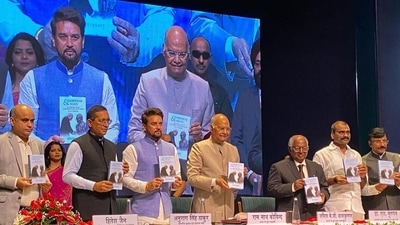 Former president Ram Nath Kovind, union minister Anurag Thakur, former chief justice of India KG Balakrishnan unveil the book titled "Ambedkar & Modi: Reformer's Ideas, Performer's Implementation'. (Twitter/Ram Nath Kovind) Former president Ram Nath Kovind, union minister Anurag Thakur, former chief justice of India KG Balakrishnan unveil the book titled "Ambedkar & Modi: Reformer's Ideas, Performer's Implementation'. (Twitter/Ram Nath Kovind)