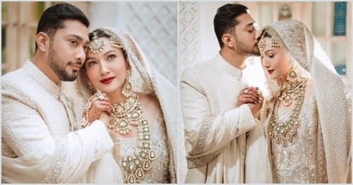 Gauhar Khan ivory wedding outfit came with a zari laden knee-length kurta and gharara set, topped with a heavy chikankari dupatta (Instagram/Gauharkhan) Gauhar Khan ivory wedding outfit came with a zari laden knee-length kurta and gharara set, topped with a heavy chikankari dupatta (Instagram/Gauharkhan)