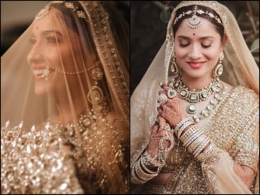 Instead of wearing the customary red lehenga, Ankita Lokhande chose a golden one. (Instagram/Ankitalokhande) Instead of wearing the customary red lehenga, Ankita Lokhande chose a golden one. (Instagram/Ankitalokhande)