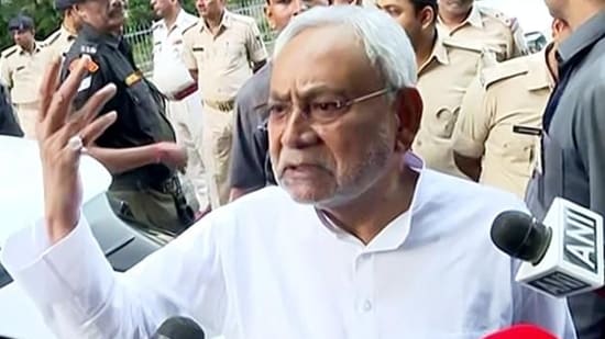 Bihar chief minister Nitish Kumar interacts with the media in Patna.