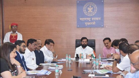 Nihar Thackeray (second from left), nephew of Shiv Sena chief Uddhav Thackeray, at the meeting chaired by chief minister Eknath Shinde HT Photo