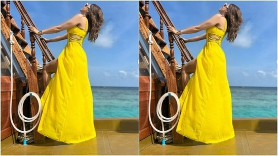 Aamna’s Maldives diaries are a treat for sore eyes. A few days back, the actor slayed fashion goals in a bright yellow gown.(Instagram/@aamnasharifofficial)