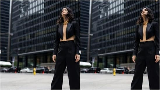 Radhika gave a twist to formal fashion as she went shirtless in a cropped black blazer and a pair of black formal trousers.(Instagram/@radhikamadan)