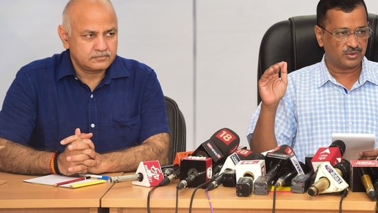 New Delhi: Delhi Chief Minister and AAP Convener Arvind Kejriwal speaks as Delhi Deputy Chief Minister Manish Sisodia looks on during a press conference, in New Delhi. (File)&nbsp;(PTI)
