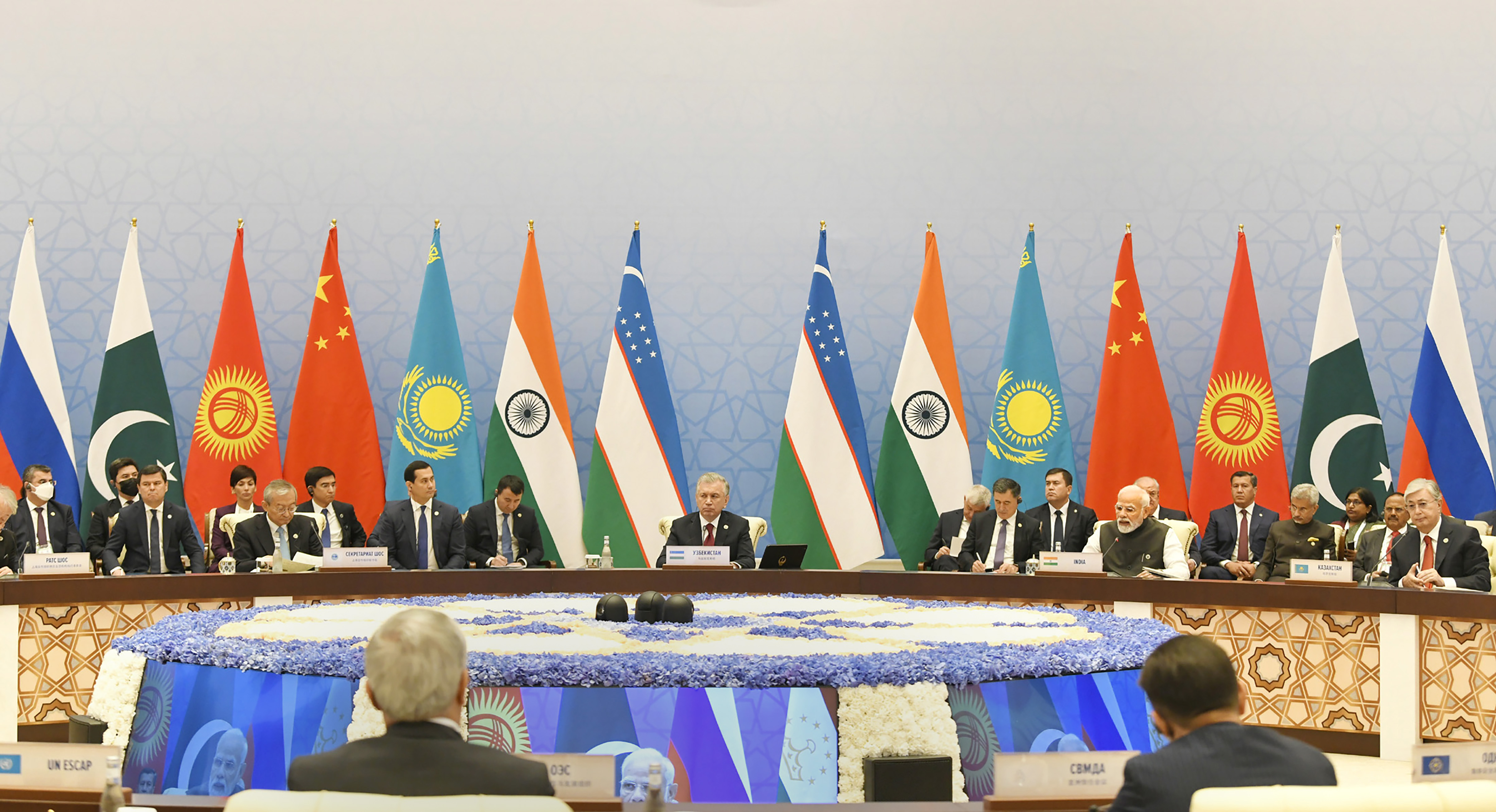 PM Narendra Modi, Uzbekistan President Shavkat Mirziyoyev and others during the 22nd Meeting of the SCO at Samarkand. (PTI) PM Narendra Modi, Uzbekistan President Shavkat Mirziyoyev and others during the 22nd Meeting of the SCO at Samarkand. (PTI)