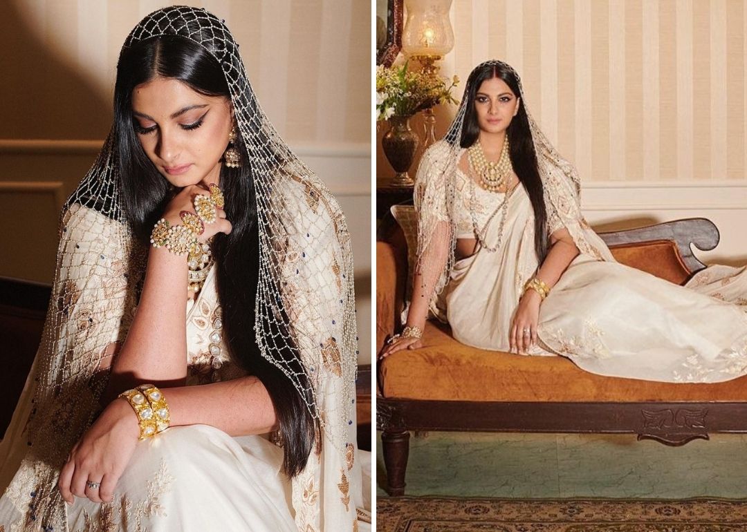 The diva chose to ditch the traditional red lehenga for her intimate wedding ceremony and wore an off-white chanderi sari.(Instagram/Rheakapoor)