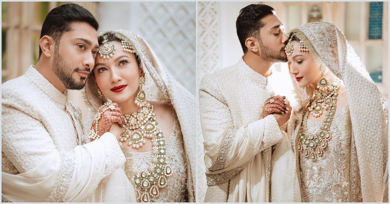 Gauhar Khan ivory wedding outfit came with a zari laden knee-length kurta and gharara set, topped with a heavy chikankari dupatta(Instagram/Gauharkhan)