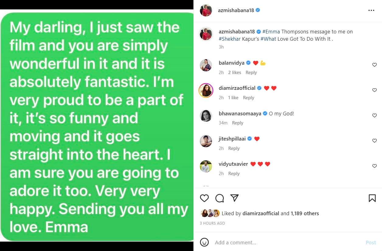 Shabana Azmi partage un message qu'elle a reçu d'Emma Thompson.