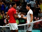 Canada's Felix Auger Aliassime and Spain's Carlos Alcaraz shake hands after their match