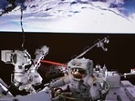In this photo released by China's Xinhua News Agency, a screen at the Beijing Aerospace Control Center in Beijing shows Chinese astronaut Cai Xuzhe exiting the station lab module Wentian to conduct extravehicular activities, also known as a spacewalk, Saturday.(AP) In this photo released by China's Xinhua News Agency, a screen at the Beijing Aerospace Control Center in Beijing shows Chinese astronaut Cai Xuzhe exiting the station lab module Wentian to conduct extravehicular activities, also known as a spacewalk, Saturday.(AP)