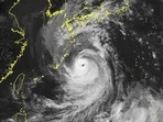 This handout photo taken and released on September 17, 2022 by the Japan Meteorological Agency shows satellite imagery shows Typhoon Nanmadol located near the southern remote islands of Japan.(AFP) This handout photo taken and released on September 17, 2022 by the Japan Meteorological Agency shows satellite imagery shows Typhoon Nanmadol located near the southern remote islands of Japan.(AFP)