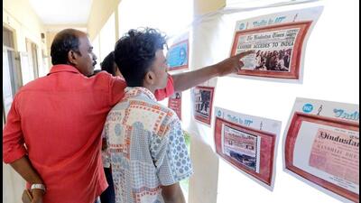 The HT front pages on the World Wars, Independence, accession of Kashmir and Mahatma Gandhi’s assassination form part of the exhibition. (HT Photo by Vivek Nair)