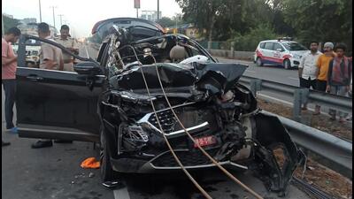 Gurugram, India - Sept. 17, 2022: Mangled remains of car after it rammed into a tractor loaded with iron rods, at Sector 15, in Gurugram, India, on Saturday, September 17, 2022. (HT Photo) (Hindustan Times) Gurugram, India - Sept. 17, 2022: Mangled remains of car after it rammed into a tractor loaded with iron rods, at Sector 15, in Gurugram, India, on Saturday, September 17, 2022. (HT Photo) (Hindustan Times)
