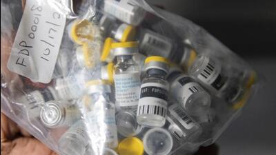 Vials of single doses of the Jynneos vaccine for monkeypox are seen from a cooler at a vaccinations site in the Brooklyn borough of New York. (AP)
