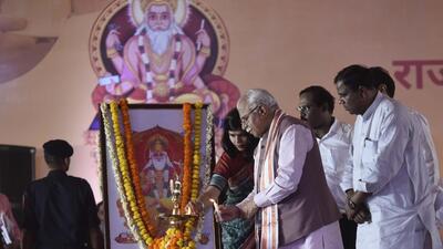 Gurugram, India - Sept. 17, 2022: Haryana chief minister Manohar Lal Khattar lights a lamp to inaugurate Vishwakarma Day celebrations at Leisure Valley Ground, in Gurugram, India, on Saturday, September 17, 2022. (Photo by Vipin Kumar/ Hindustan Times) (Hindustan Times) Gurugram, India - Sept. 17, 2022: Haryana chief minister Manohar Lal Khattar lights a lamp to inaugurate Vishwakarma Day celebrations at Leisure Valley Ground, in Gurugram, India, on Saturday, September 17, 2022. (Photo by Vipin Kumar/ Hindustan Times) (Hindustan Times)
