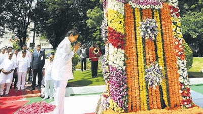 Telangana CM K Chandrashekar Rao pays tributes at the Telangana Martyrs Memorial in Hyderabad on Saturday. (PTI) Telangana CM K Chandrashekar Rao pays tributes at the Telangana Martyrs Memorial in Hyderabad on Saturday. (PTI)