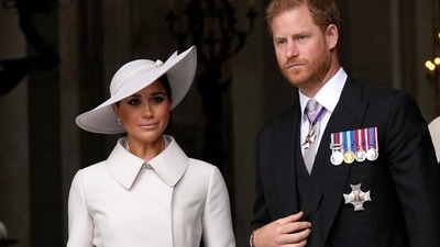 FILE - Prince Harry and Meghan Markle, Duke and Duchess of Sussex leave after a service of thanksgiving for the reign of Queen Elizabeth II at St Paul's Cathedral in London, on June 3, 2022. (AP Photo) FILE - Prince Harry and Meghan Markle, Duke and Duchess of Sussex leave after a service of thanksgiving for the reign of Queen Elizabeth II at St Paul's Cathedral in London, on June 3, 2022. (AP Photo)