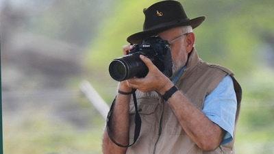 Prime Minister Narendra Modi takes a photo of the newly arrived cheetahs at the Kuno National Park. (ANI) Prime Minister Narendra Modi takes a photo of the newly arrived cheetahs at the Kuno National Park. (ANI)