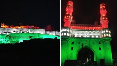 The two monuments emerged in a thematic colour on the eve of the inaugural ceremony of the year-long celebration that the central government has planned to mark 75 years of Hyderabad State Liberation. (source: Twitter/@kishanreddybjp) The two monuments emerged in a thematic colour on the eve of the inaugural ceremony of the year-long celebration that the central government has planned to mark 75 years of Hyderabad State Liberation. (source: Twitter/@kishanreddybjp)