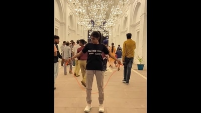 The image, taken from the viral video on Instagram, shows a woman performing on Kala Chashma with her jump-rope skills. (Instagram/@priyu_skipper01) The image, taken from the viral video on Instagram, shows a woman performing on Kala Chashma with her jump-rope skills. (Instagram/@priyu_skipper01)