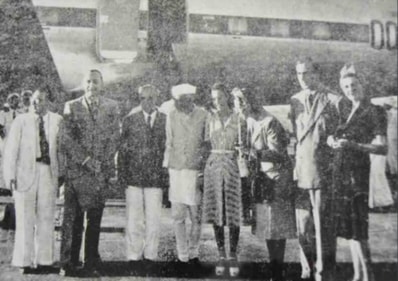 Photo shows the Governor General, Lady Mountbatten, Prime Minister Nehru, Mr. Orta and the de Lignes along with their daughter, Princess Yolande, on the tarmac.&nbsp; (Courtesy: India, Belgium & Luxembourg: 70 Years of Diplomatic Relations, Embassy of India)