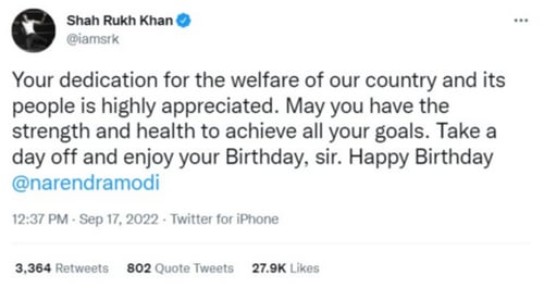 Shah Rukh Khan's birthday wish for Prime Minister Narendra Modi. Shah Rukh Khan's birthday wish for Prime Minister Narendra Modi. 