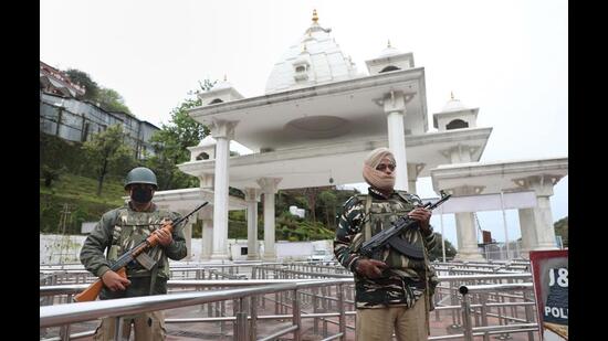Security personnel stand guard outside the Vaishno Devi shrine. (PTI File photo)
