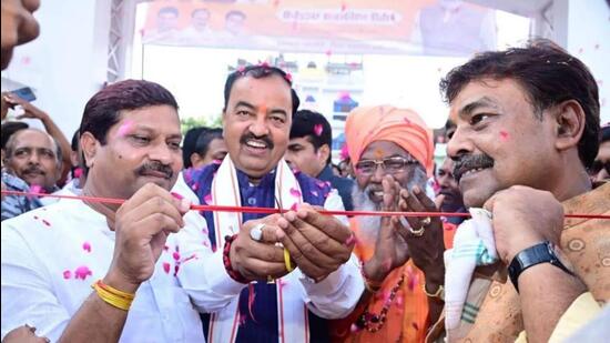 Deputy chief minister Keshav Prasad Maurya inaugurating a exhibition on PM Modi and blood donation camp in Unnao on Modi’s birthday on Saturday. (SOURCED)