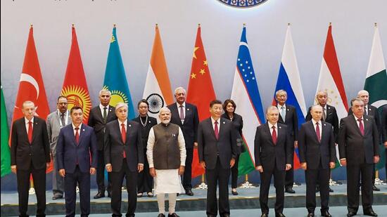 Shanghai Cooperation Organization (SCO leaders and others pose for a photograph in Samarkand, Uzbekistan, on Friday. (PTI)
