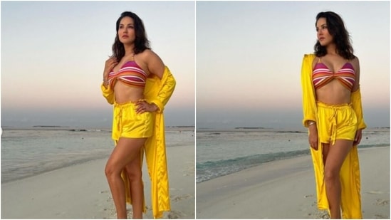 Sunny Leone is living it up in Maldives. The actor recently flew to the island country and since then her Instagram profile is replete with pictures and videos of her ventures there. Sunny is on a spree of slaying bikini goals with her attires and we are smitten. A day back, Sunny shared a set of pictures of herself loving the sunset in Maldives on the beach.(Instagram/@sunnyleone)