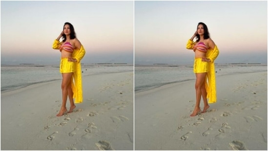 Sunny played muse to fashion designer house Flirtatious and picked a bright yellow co-ord set to match the beach vibes.(Instagram/@sunnyleone)