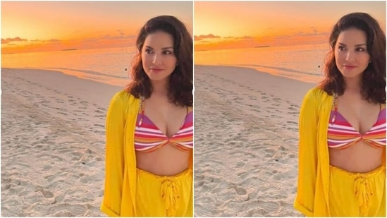 Sunny posed by the sunset with the sprawling blue waters of the sea in the backdrop as she looked every bit stunning.(Instagram/@sunnyleone)