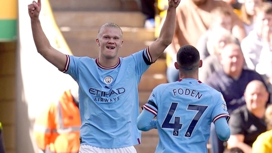 Manchester City's Erling Haaland celebrates (AP)