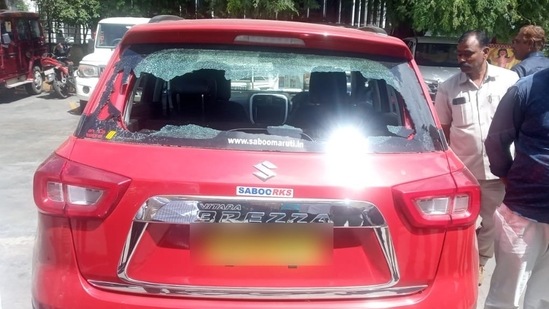 TRS leader Gosula Srinivas on Saturday alleged his car was vandalised during Amit Shah's public rally in Hyderabad.&nbsp;(ANI)