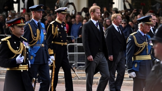 As a non-working member of the royal family, former British Army soldier Harry has not been in his military outfit for the royal procession for the late monarch so far.(REUTERS)