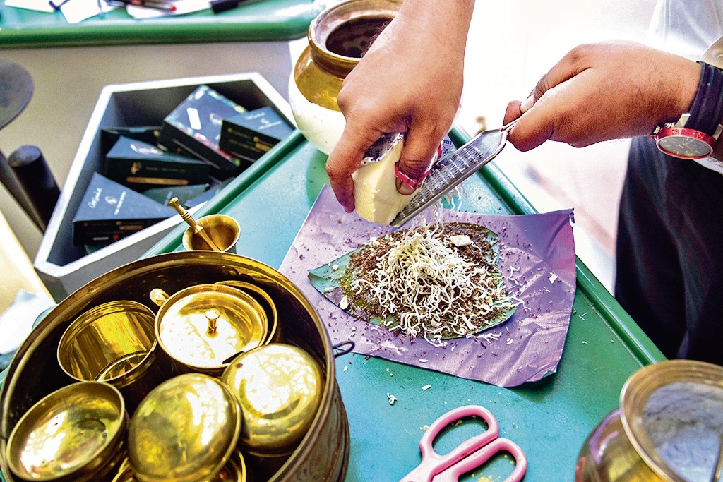 The idea for the cheese-stuffed paan at The Paan Story, Mumbai, came from owner Naushad Shaikh’s daughter, Adeeba, 7. They conducted many trials to get the recipe right, Shaikh says. (Pratik Chorge / HT Photo) The idea for the cheese-stuffed paan at The Paan Story, Mumbai, came from owner Naushad Shaikh’s daughter, Adeeba, 7. They conducted many trials to get the recipe right, Shaikh says. (Pratik Chorge / HT Photo)