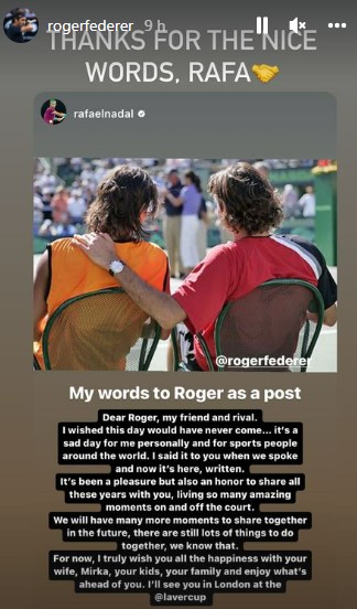 Roger Federer reacts to Rafael Nadal's message