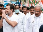Congress leader Rahul Gandhi and Chhattisgarh chief minister Bhupesh Baghel.(ANI file) Congress leader Rahul Gandhi and Chhattisgarh chief minister Bhupesh Baghel.(ANI file)