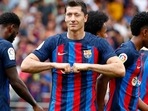 Barcelona's Robert Lewandowski celebrates after scoring the opening goal (AP) Barcelona's Robert Lewandowski celebrates after scoring the opening goal (AP)