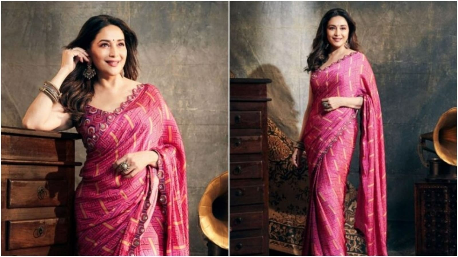 Madhuri Dixit, in a pink chiffon saree, is dressed as a daydream