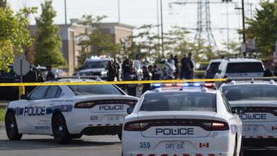 Police officers gather at the scene of a shooting in Mississauga, Ontario, Canada on Monday, September 12, 2022. (AP) Police officers gather at the scene of a shooting in Mississauga, Ontario, Canada on Monday, September 12, 2022. (AP)