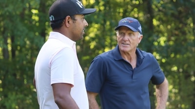 Anirban Lahiri with Greg Norman in Boston (Credit: Joy Chakravarty)