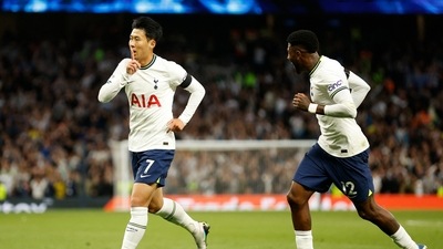 Tottenham Hotspur's Son Heung-min celebrates scoring their fifth goal with Emerson&nbsp; (Action Images via Reuters)
