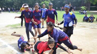 Players in action at the district-level games being held under the Khedan Watan Punjab Diyan at Guru Nanak Stadium in Ludhiana. (Harvinder Singh/HT)