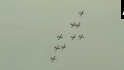 The video showed a fleet of nine aircraft putting up the display in the sky, which was witnessed by thousands of tourists who gathered at the seaside pilgrim town. (ANI videograb) The video showed a fleet of nine aircraft putting up the display in the sky, which was witnessed by thousands of tourists who gathered at the seaside pilgrim town. (ANI videograb)