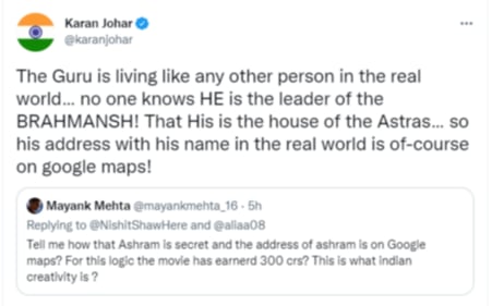 Karan Johar's tweet defending Brahmastra.