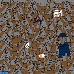 The image highlights three loaves of breads hidden amongst the Corgi dogs. (Gergely Dudás) The image highlights three loaves of breads hidden amongst the Corgi dogs. (Gergely Dudás)